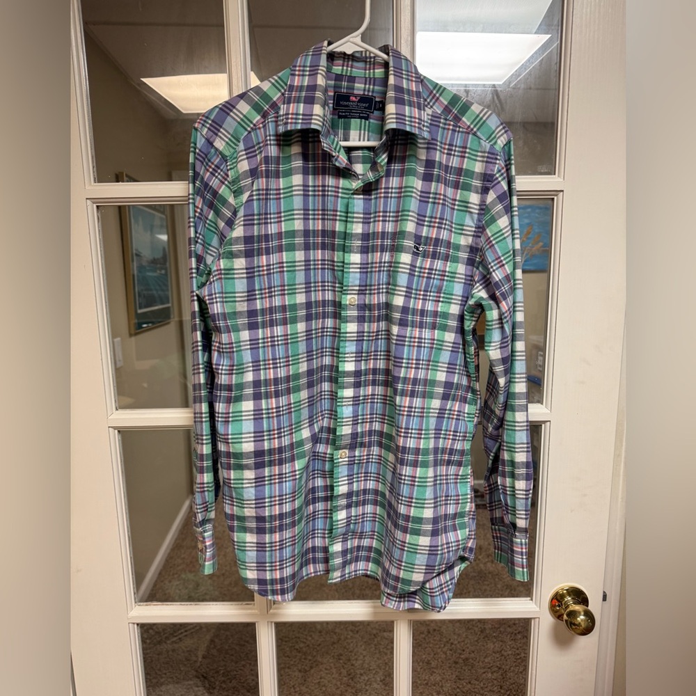Men's Plaid Shirt - Green, Blue, and Purple Vineyard Vines Medium